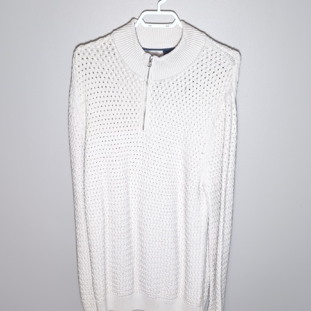 White Zip Up Sweater with Mock Turtleneck and Perforated Knit